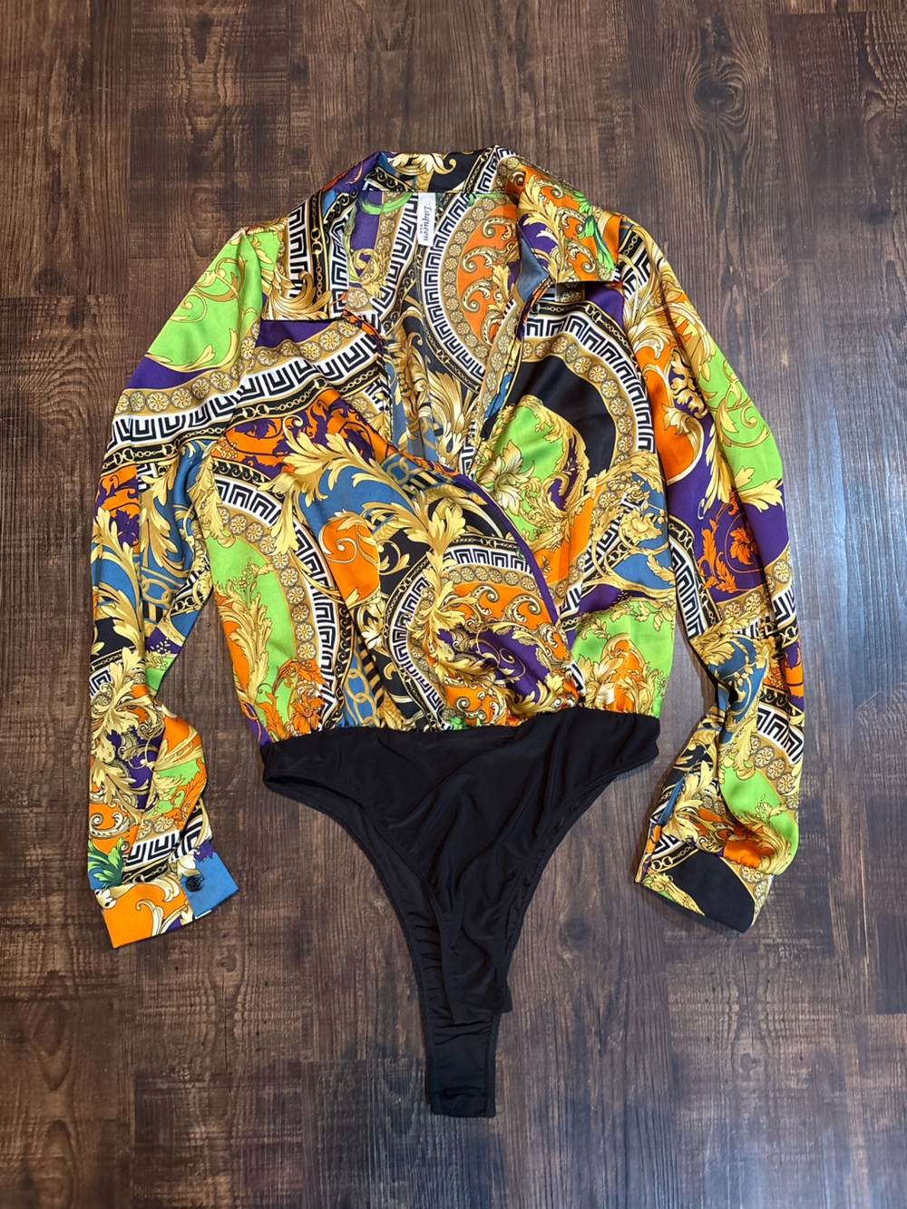 Laqueen Vibrant Baroque Print Bodysuit in Black, Orange & Green